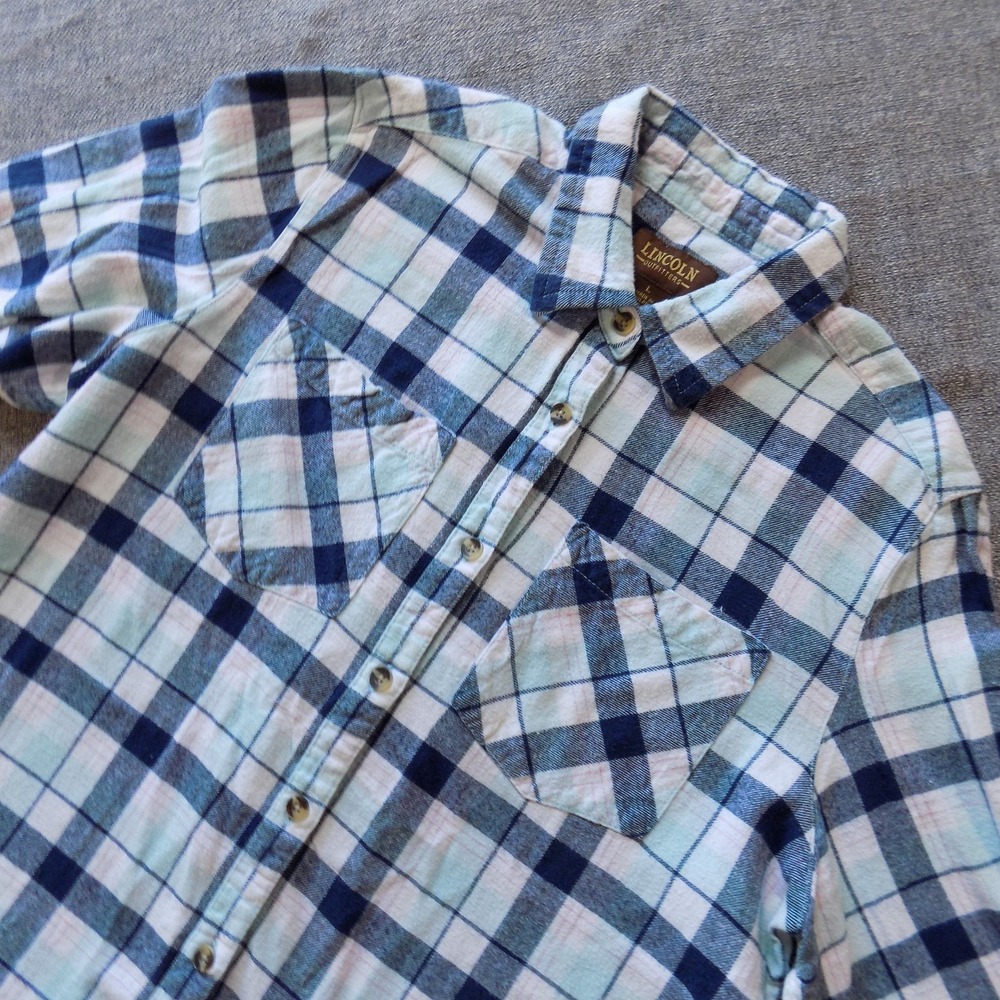 Lincoln Outfitters Womens L Plaid Blue White Pink Flannel Shirt Long Sleeve